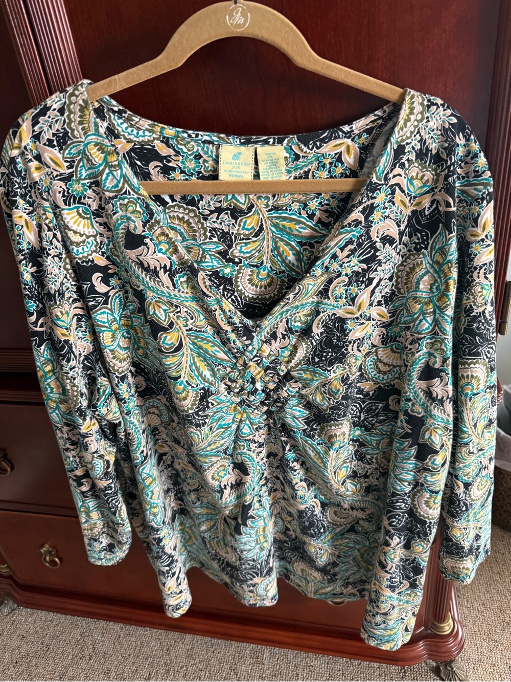 Caribbean Joe Teal, Black & Cream Paisley Long Sleeve V-Neck Top